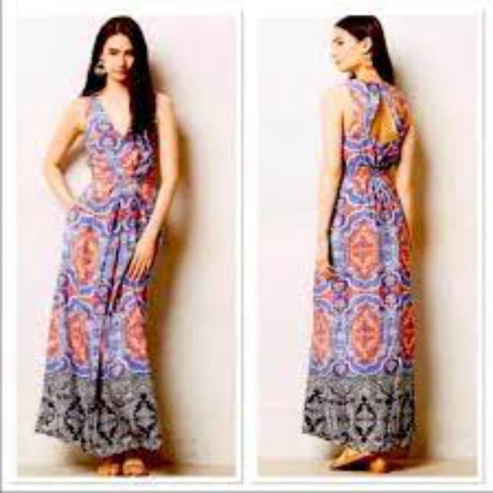 Anthropologie Maeve Women's A Line Dress MAXI Blue Coral Medallion Silk SIZE 4